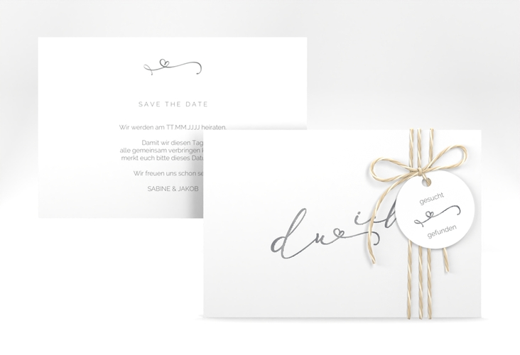 Save the Date-Karte Zweisamkeit A6 Karte quer silber im minimalistischen Stil mit Aufschrift du & ich