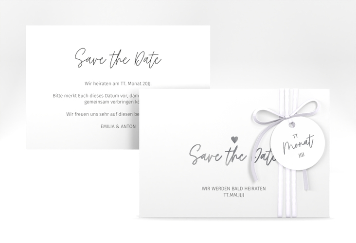 Save the Date-Karte Herzschlag A6 Karte quer silber schlicht und elegant mit Herzchen