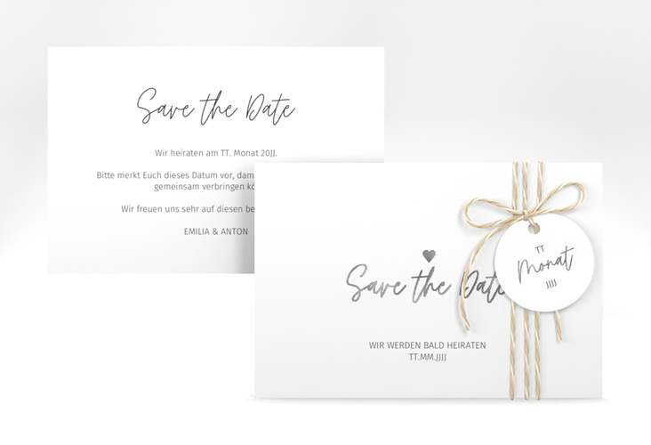 Save the Date-Karte Herzschlag A6 Karte quer silber schlicht und elegant mit Herzchen