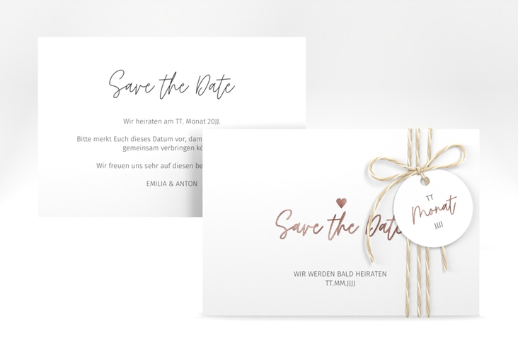 Save the Date-Karte Herzschlag A6 Karte quer rosegold schlicht und elegant mit Herzchen