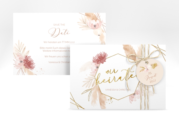 Save the Date-Karte Bohostyle A6 Karte quer gold mit Pampasgras in Aquarell