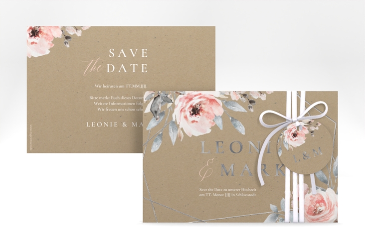 Save the Date-Karte Perfection A6 Karte quer silber mit rosa Rosen