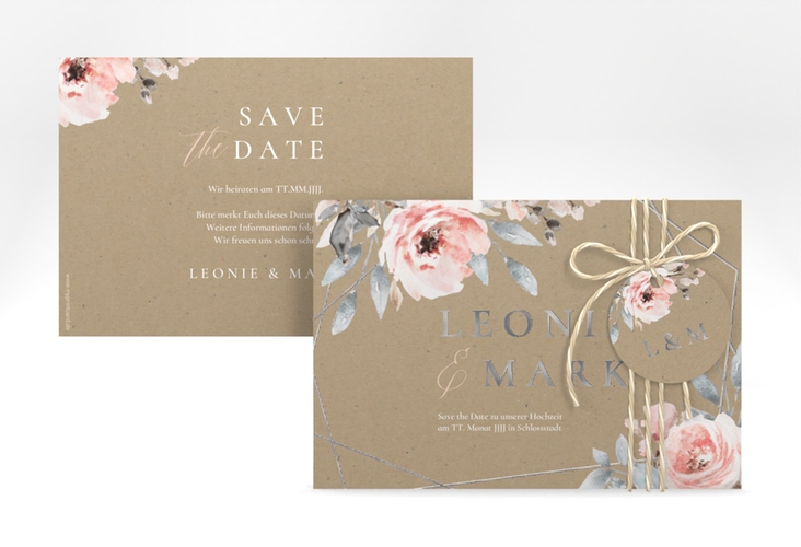 Save the Date-Karte Perfection A6 Karte quer silber mit rosa Rosen