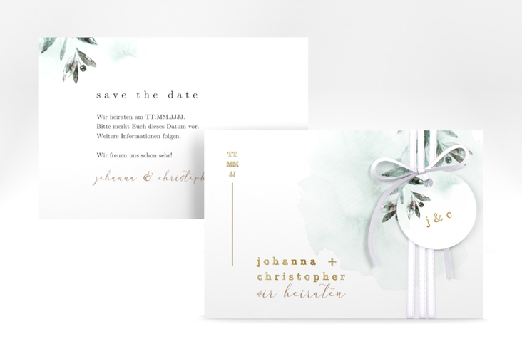 Save the Date-Karte Mediterran A6 Karte quer gold mit Lorbeerzweig in Aquarell
