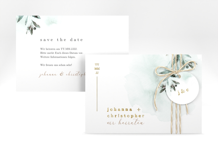Save the Date-Karte Mediterran A6 Karte quer gold mit Lorbeerzweig in Aquarell