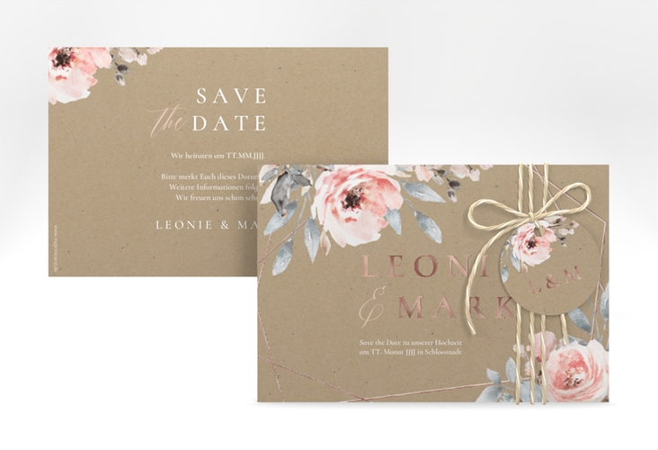 Save the Date-Karte Perfection A6 Karte quer rosegold mit rosa Rosen