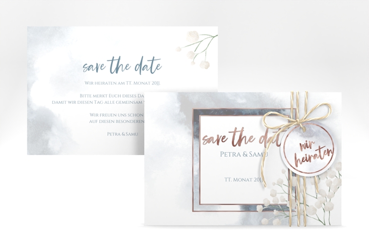 Save the Date-Karte Winter A6 Karte quer rosegold mit Schleierkraut