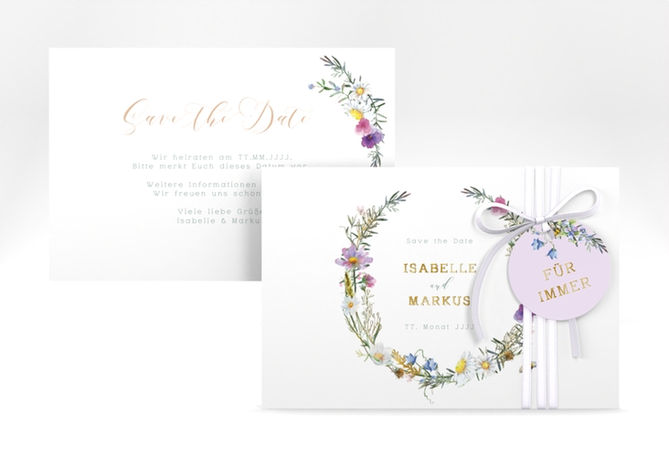 Save the Date-Karte Blumengarten A6 Karte quer gold mit Blumenkranz und Hummel