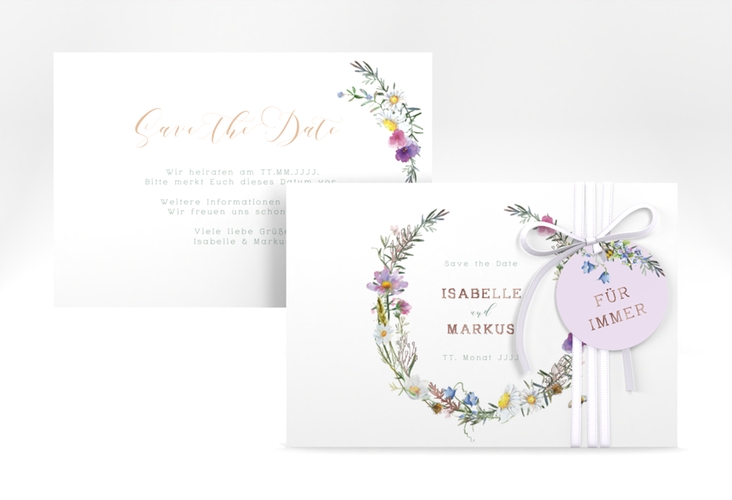 Save the Date-Karte Blumengarten A6 Karte quer rosegold mit Blumenkranz und Hummel