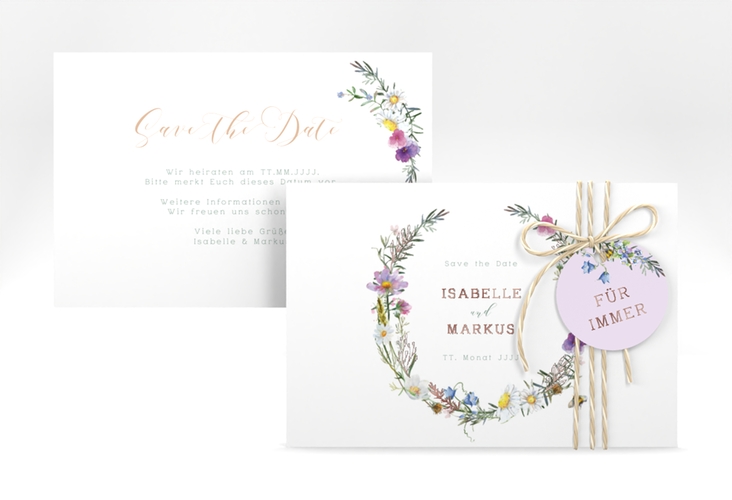 Save the Date-Karte Blumengarten A6 Karte quer rosegold mit Blumenkranz und Hummel