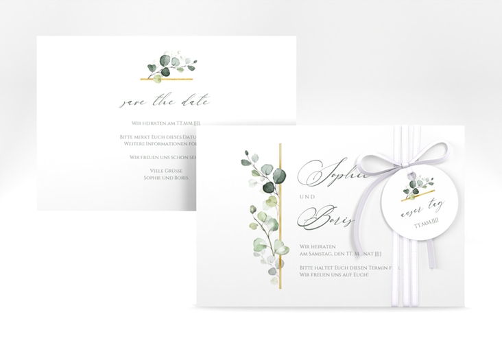 Save the Date-Karte Adelya A6 Karte quer gold elegant mit Eukalyptus-Motiv