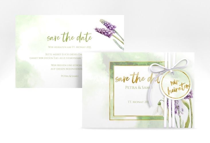 Save the Date-Karte Frühling A6 Karte quer gold mit Frühlingsblumen in Aquarell