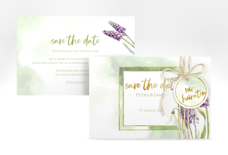 Save the Date-Karte Frühling A6 Karte quer gold mit Frühlingsblumen in Aquarell