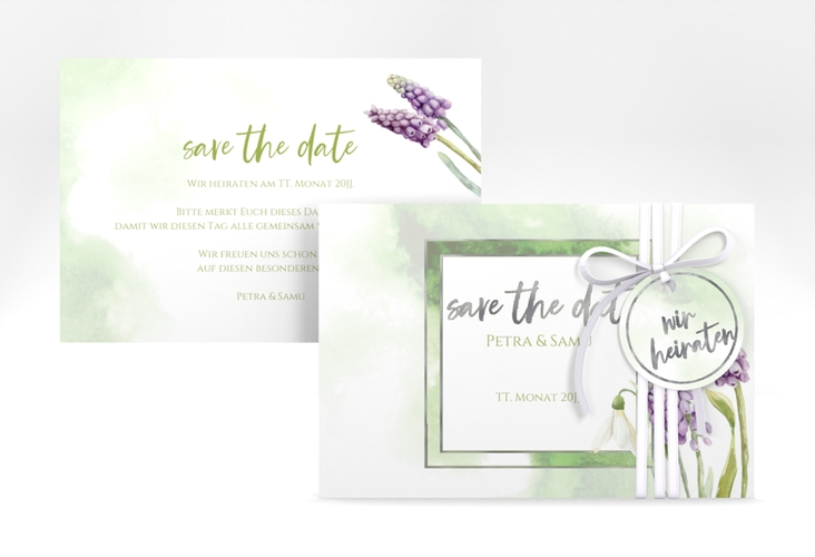 Save the Date-Karte Frühling A6 Karte quer silber mit Frühlingsblumen in Aquarell