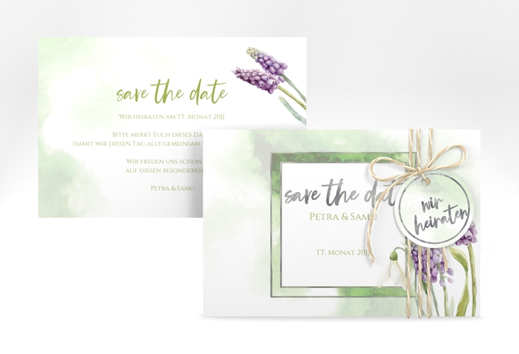 Save the Date-Karte Frühling A6 Karte quer silber mit Frühlingsblumen in Aquarell