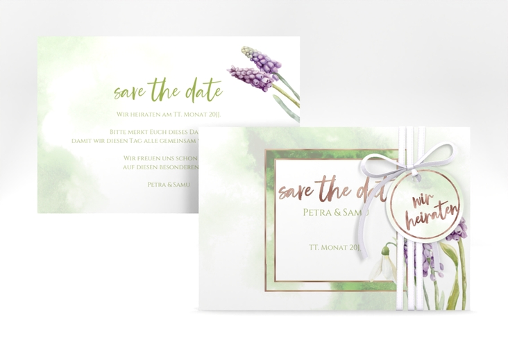 Save the Date-Karte Frühling A6 Karte quer rosegold mit Frühlingsblumen in Aquarell