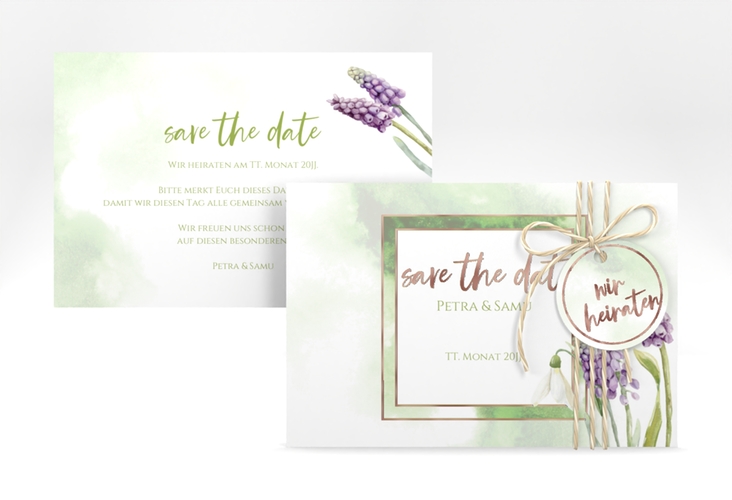 Save the Date-Karte Frühling A6 Karte quer rosegold mit Frühlingsblumen in Aquarell