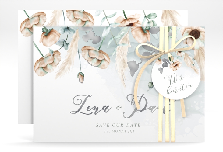 Save the Date-Karte Anemone A6 Karte quer silber