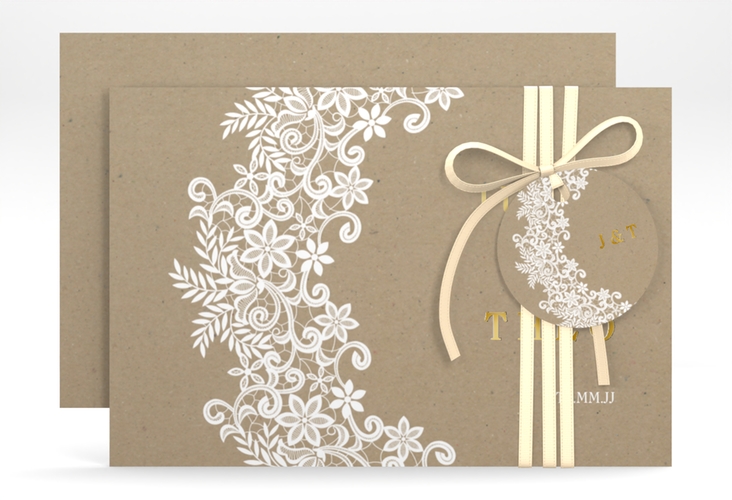 Save the Date-Karte Mariage A6 Karte quer gold mit Bogen aus weißer Spitze