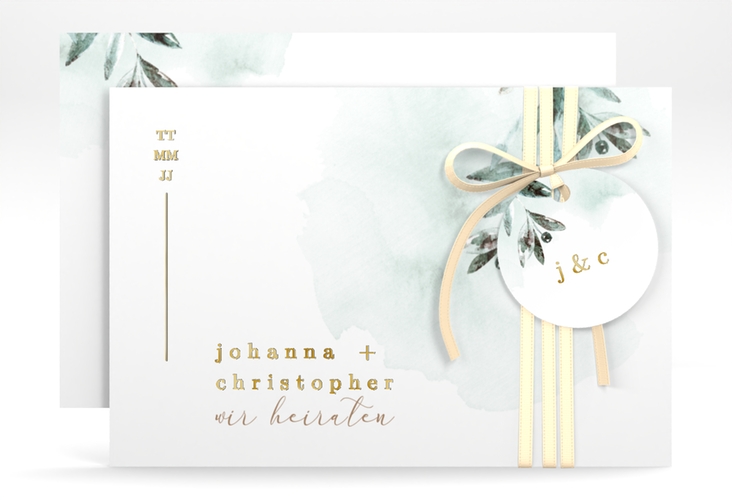 Save the Date-Karte Mediterran A6 Karte quer gold mit Lorbeerzweig in Aquarell