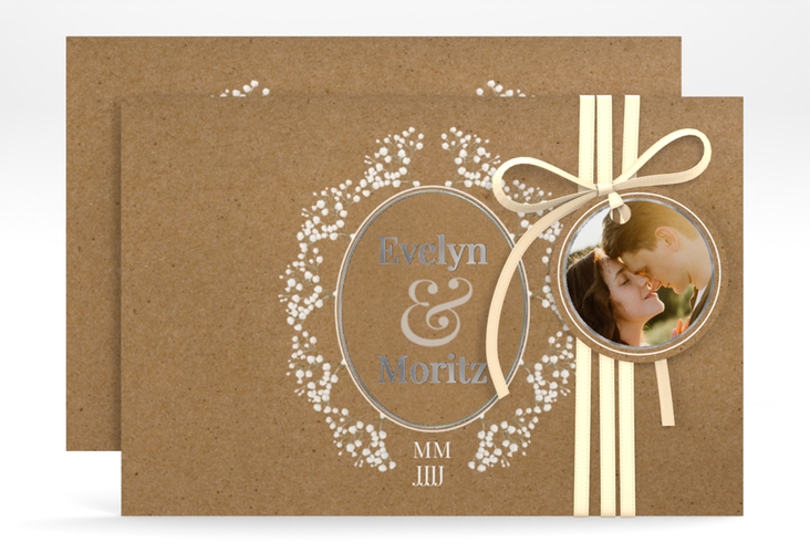 Save the Date-Karte Gypsophila A6 Karte quer silber im Vintage-Stil mit Blumenkranz aus Schleierkraut