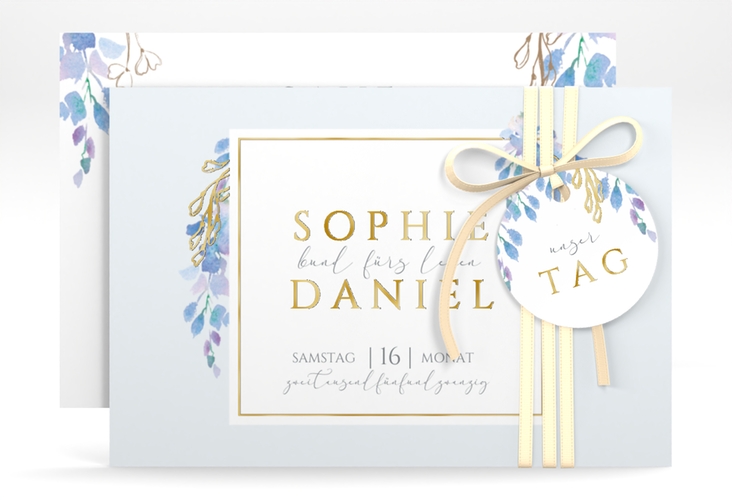 Save the Date-Karte Blauregen A6 Karte quer gold mit Wisteria-Blüten
