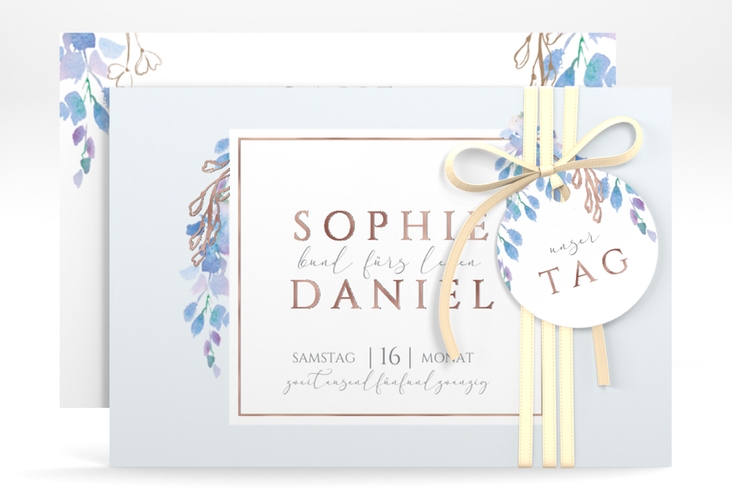 Save the Date-Karte Blauregen A6 Karte quer rosegold mit Wisteria-Blüten