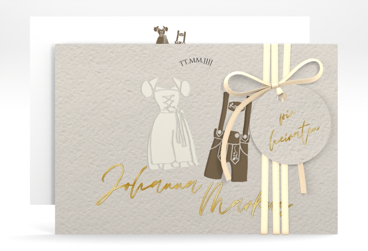 Save the Date-Karte Trachtenhochzeit A6 Karte quer gold mit Dirndl und Lederhose