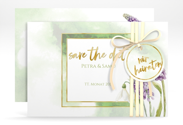 Save the Date-Karte Frühling A6 Karte quer gold mit Frühlingsblumen in Aquarell
