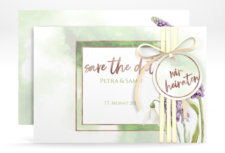 Save the Date-Karte Frühling A6 Karte quer rosegold mit Frühlingsblumen in Aquarell