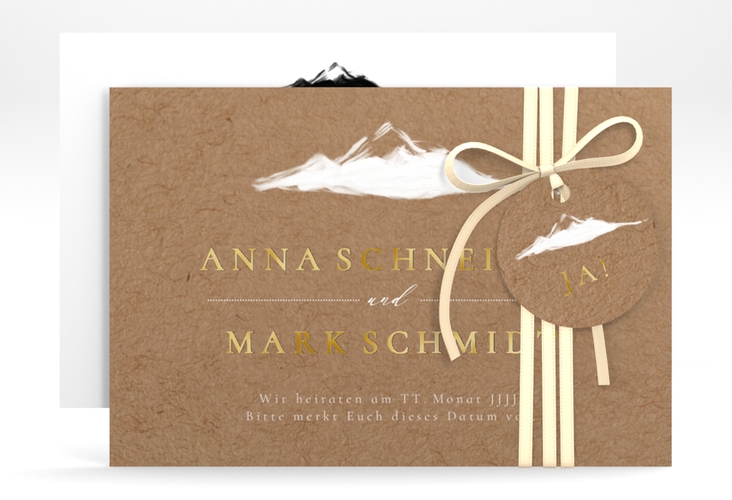 Save the Date-Karte Berghochzeit A6 Karte quer gold mit Berg-Motiv