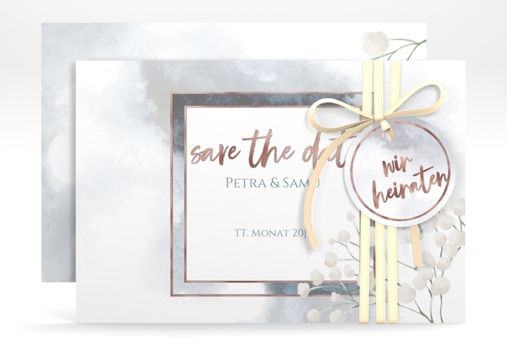 Save the Date-Karte Winter A6 Karte quer rosegold mit Schleierkraut