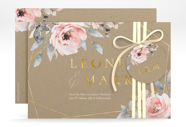 Save the Date-Karte Perfection A6 Karte quer gold mit rosa Rosen