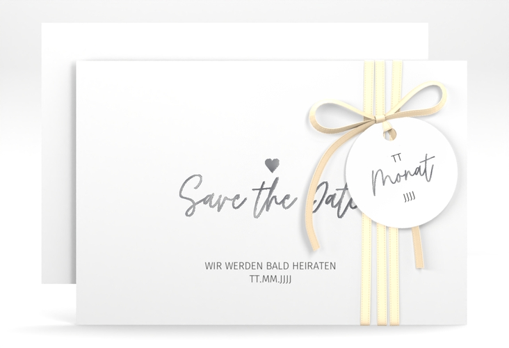 Save the Date-Karte Herzschlag A6 Karte quer silber schlicht und elegant mit Herzchen