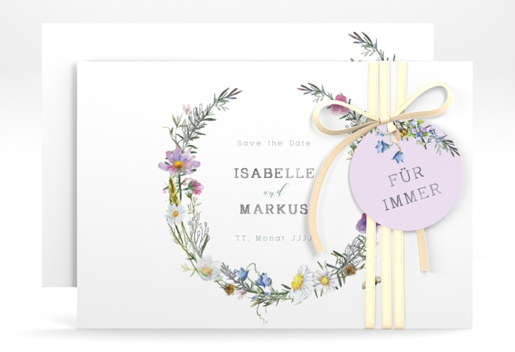 Save the Date-Karte Blumengarten A6 Karte quer silber mit Blumenkranz und Hummel