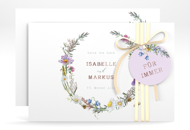 Save the Date-Karte Blumengarten A6 Karte quer rosegold mit Blumenkranz und Hummel
