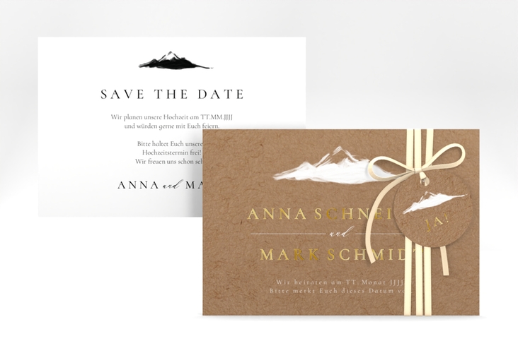 Save the Date-Karte Berghochzeit A6 Karte quer gold mit Berg-Motiv
