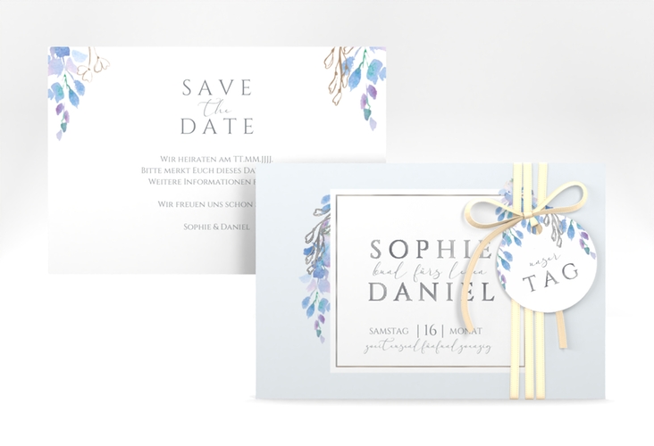 Save the Date-Karte Blauregen A6 Karte quer silber mit Wisteria-Blüten