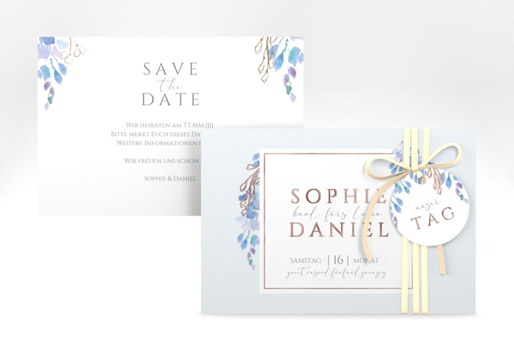 Save the Date-Karte Blauregen A6 Karte quer rosegold mit Wisteria-Blüten