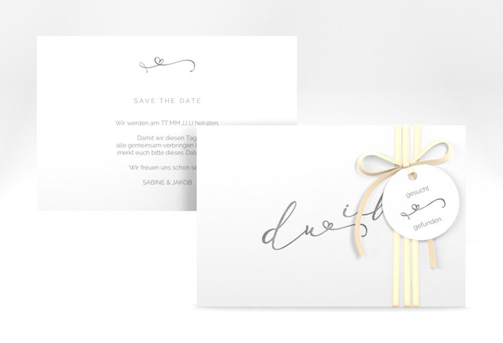 Save the Date-Karte Zweisamkeit A6 Karte quer silber im minimalistischen Stil mit Aufschrift du & ich