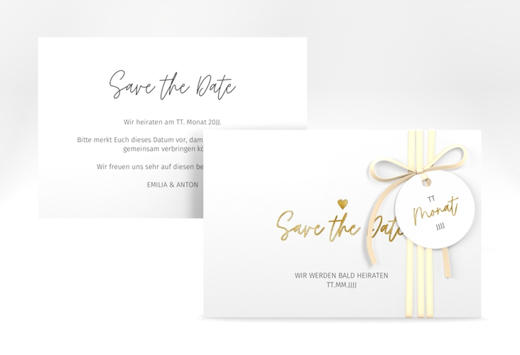 Save the Date-Karte Herzschlag A6 Karte quer gold schlicht und elegant mit Herzchen