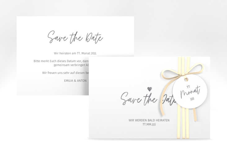Save the Date-Karte Herzschlag A6 Karte quer silber schlicht und elegant mit Herzchen