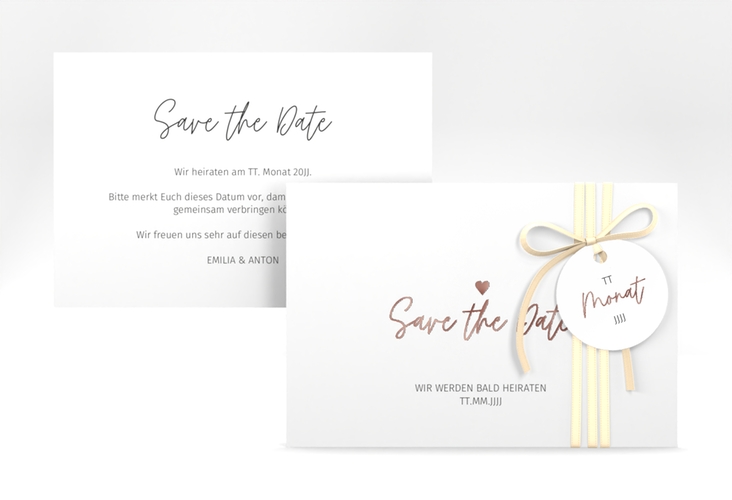 Save the Date-Karte Herzschlag A6 Karte quer rosegold schlicht und elegant mit Herzchen