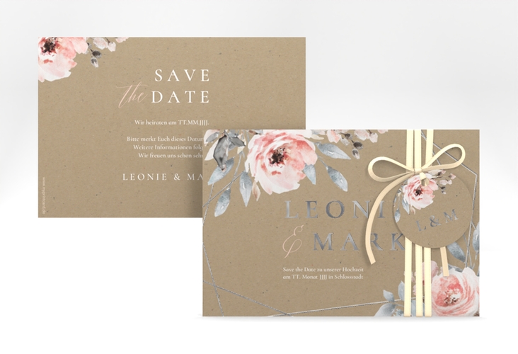 Save the Date-Karte Perfection A6 Karte quer silber mit rosa Rosen