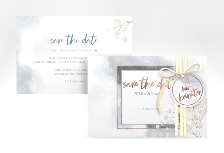 Save the Date-Karte Winter A6 Karte quer rosegold mit Schleierkraut
