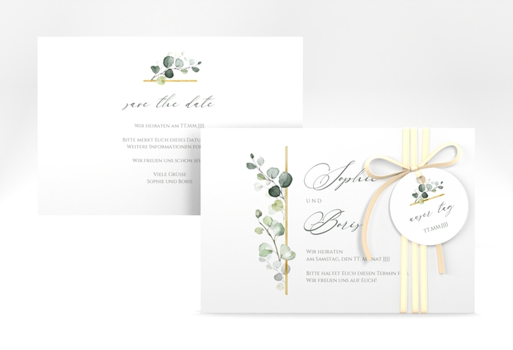 Save the Date-Karte Adelya A6 Karte quer gold elegant mit Eukalyptus-Motiv