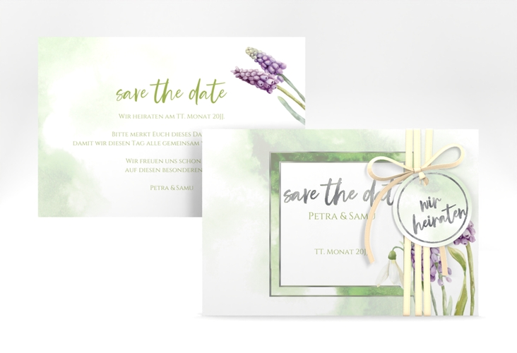 Save the Date-Karte Frühling A6 Karte quer silber mit Frühlingsblumen in Aquarell