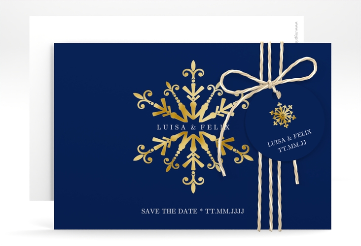 Save the Date-KarteCrystal A6 Karte quer gold mit Eiskristall