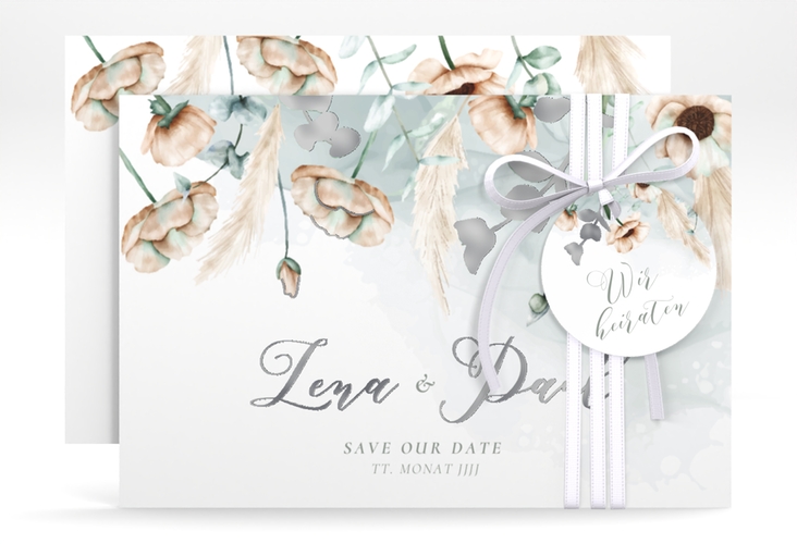 Save the Date-Karte Anemone A6 Karte quer silber