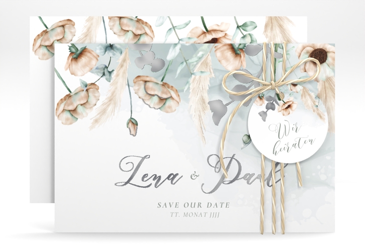 Save the Date-Karte Anemone A6 Karte quer silber